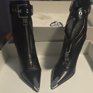 Alexander McQueen Black Leather Ankle Boots with Silver Accents